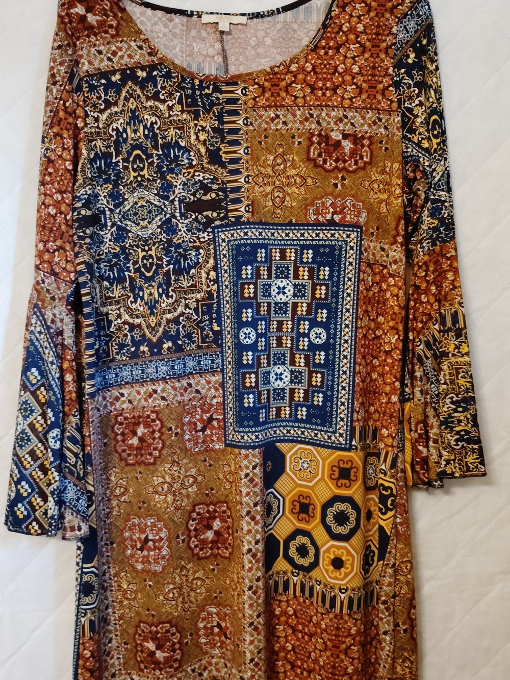 Haani Patchwork Long-Sleeve Dress — Navy & Mustard Size 2X